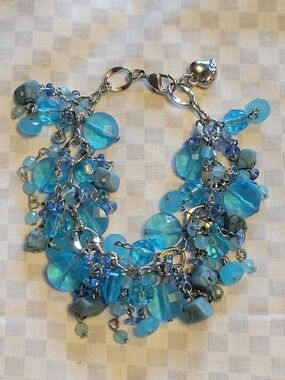 Vtg Carolee Cha-Cha Bracelet Turquoise Color Beads & Rectangle Stone Silver Tone